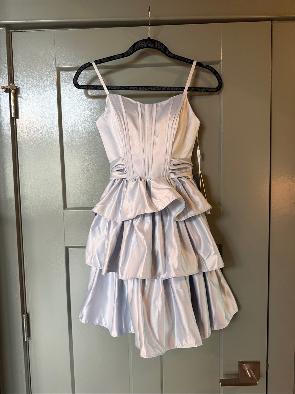 Silver Tiered Ruffle Prom Dress with Spaghetti Straps